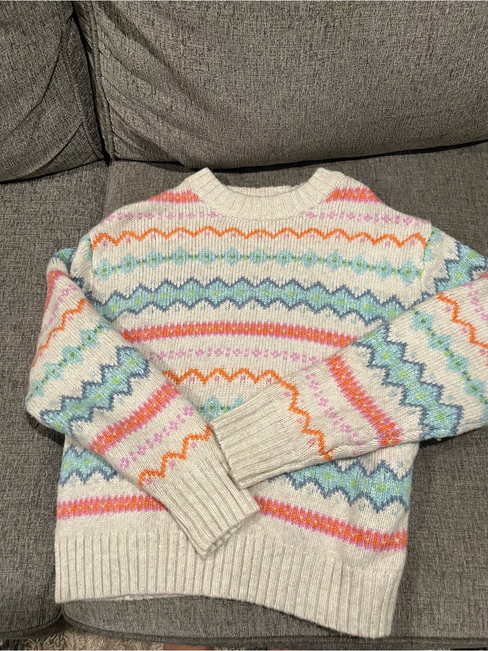 American Eagle Cozy Patterned Crewneck Sweater in Cream with Pastel Stripes